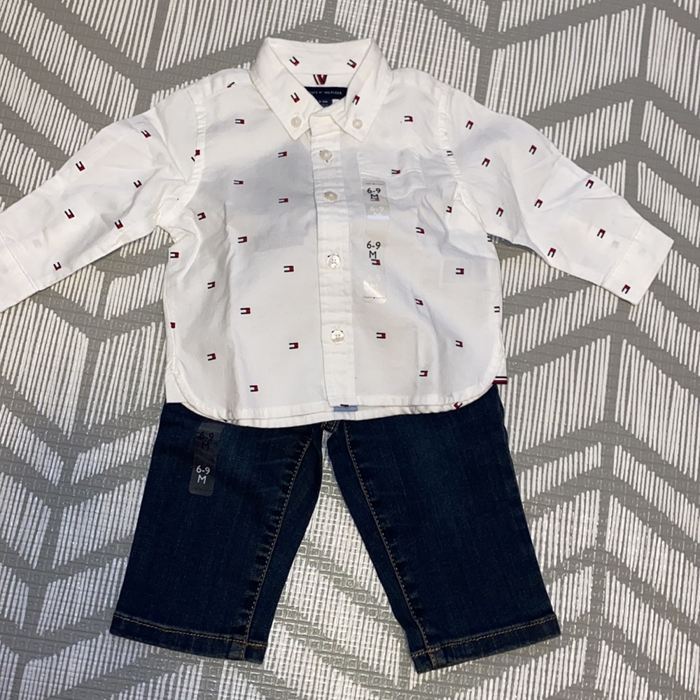 Tommy hilfiger babies button up and straight Denim bottoms 6-9months